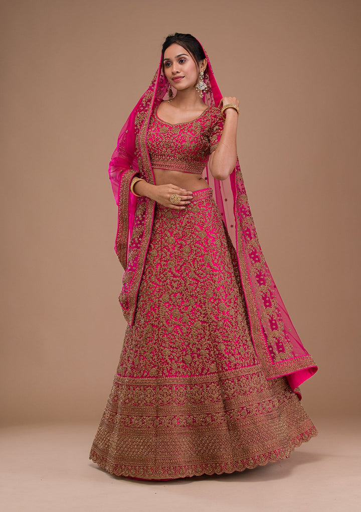 Rani Pink Stonework Net Readymade Lehenga-Koskii