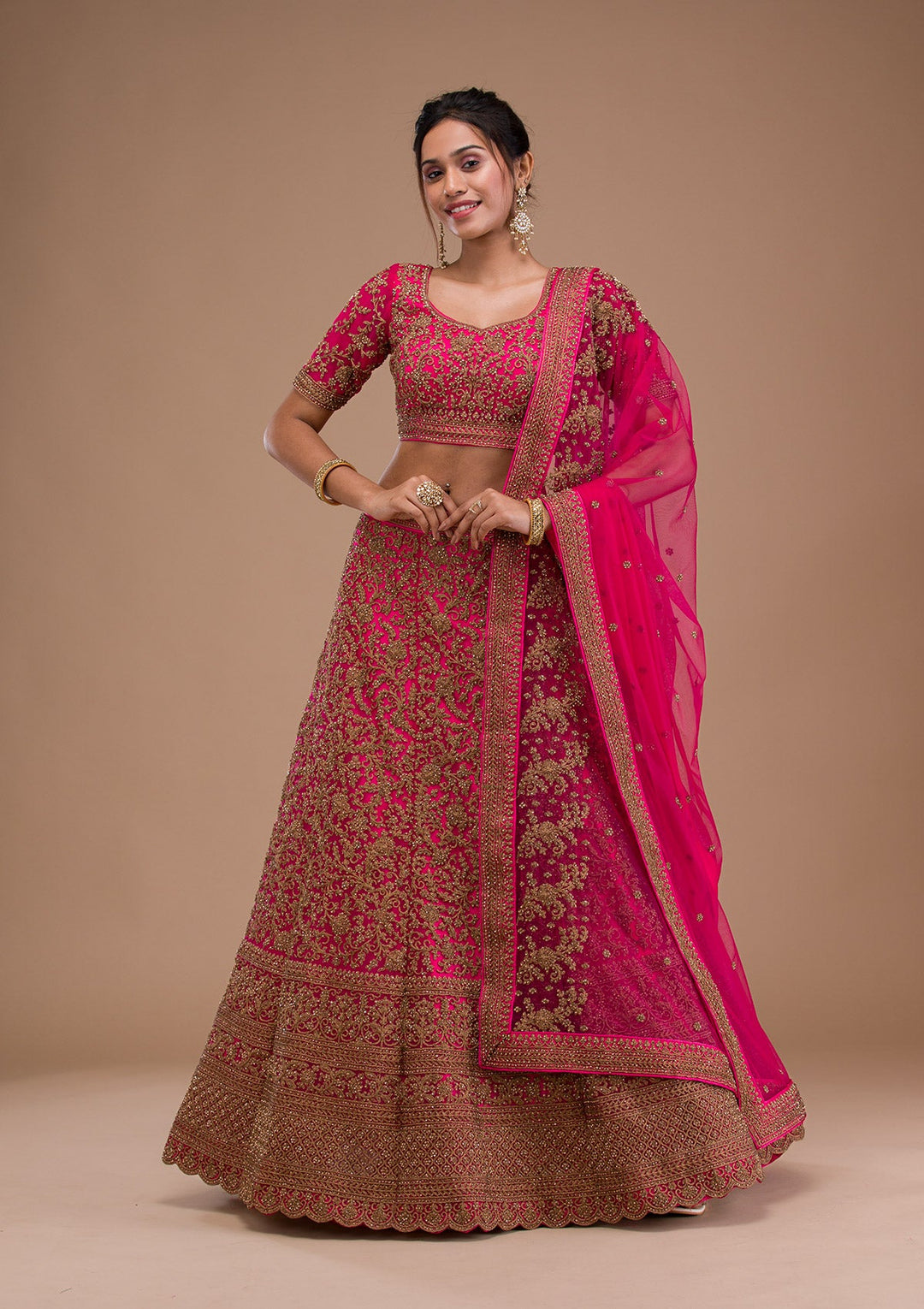 Rani Pink Stonework Net Readymade Lehenga-Koskii