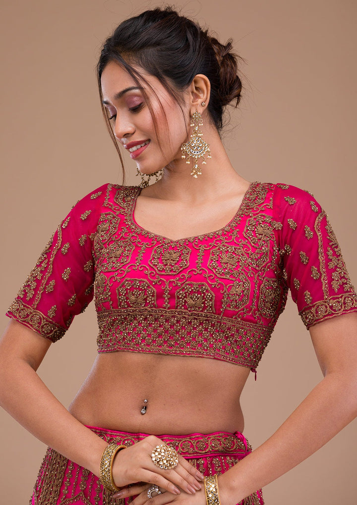 Rani Pink Stonework Net Readymade Lehenga-Koskii