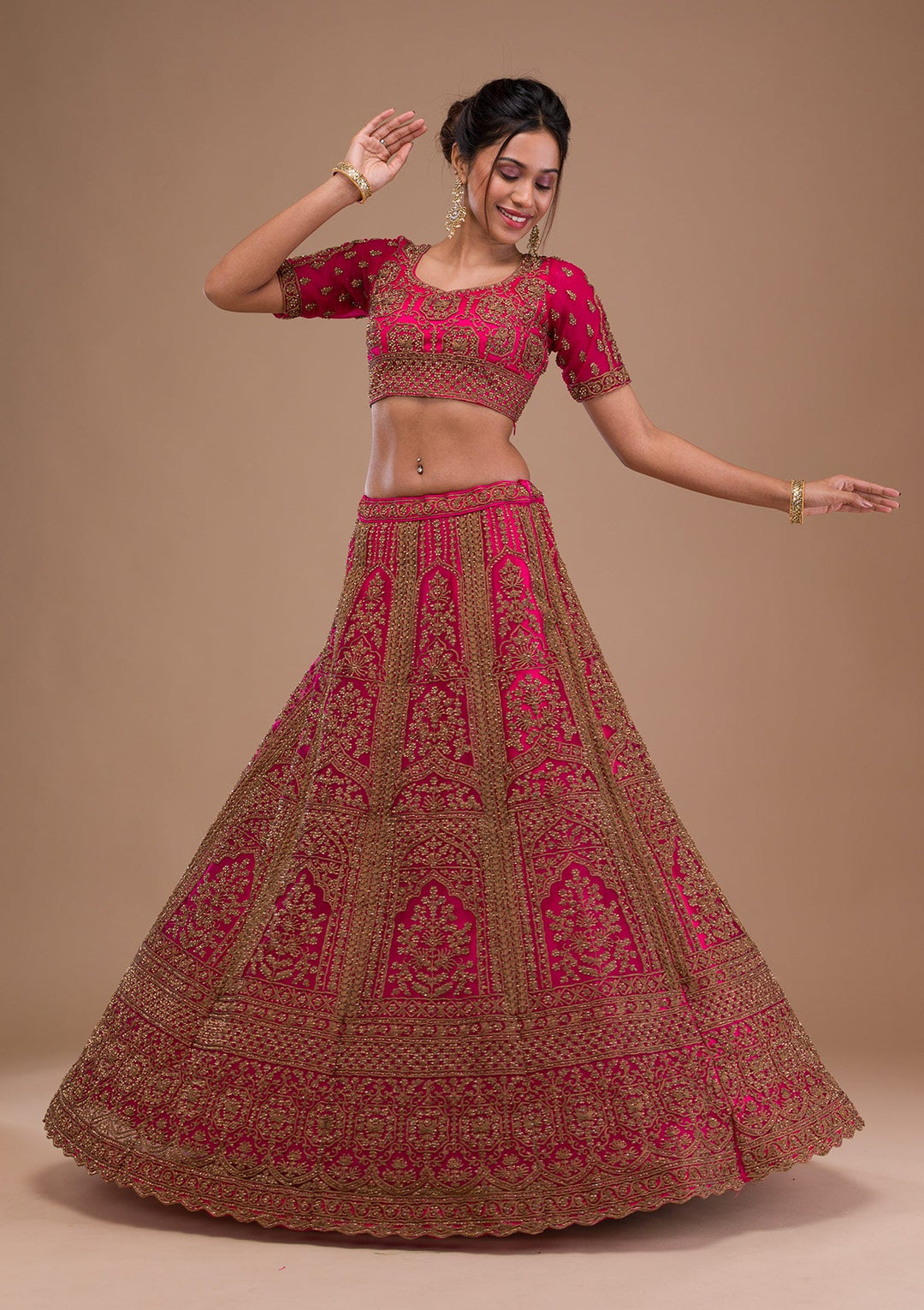 Rani Pink Stonework Net Readymade Lehenga-Koskii