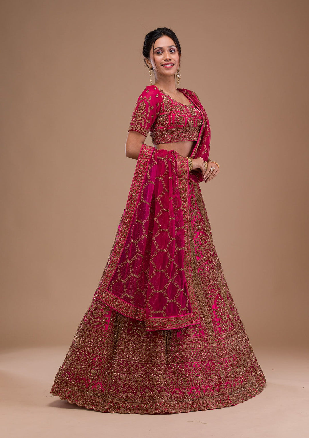 Rani Pink Stonework Net Readymade Lehenga-Koskii