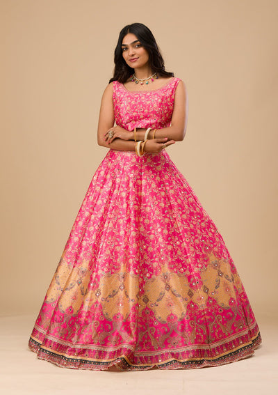 Rani Pink Stonework Raw Silk Readymade Lehenga-Koskii