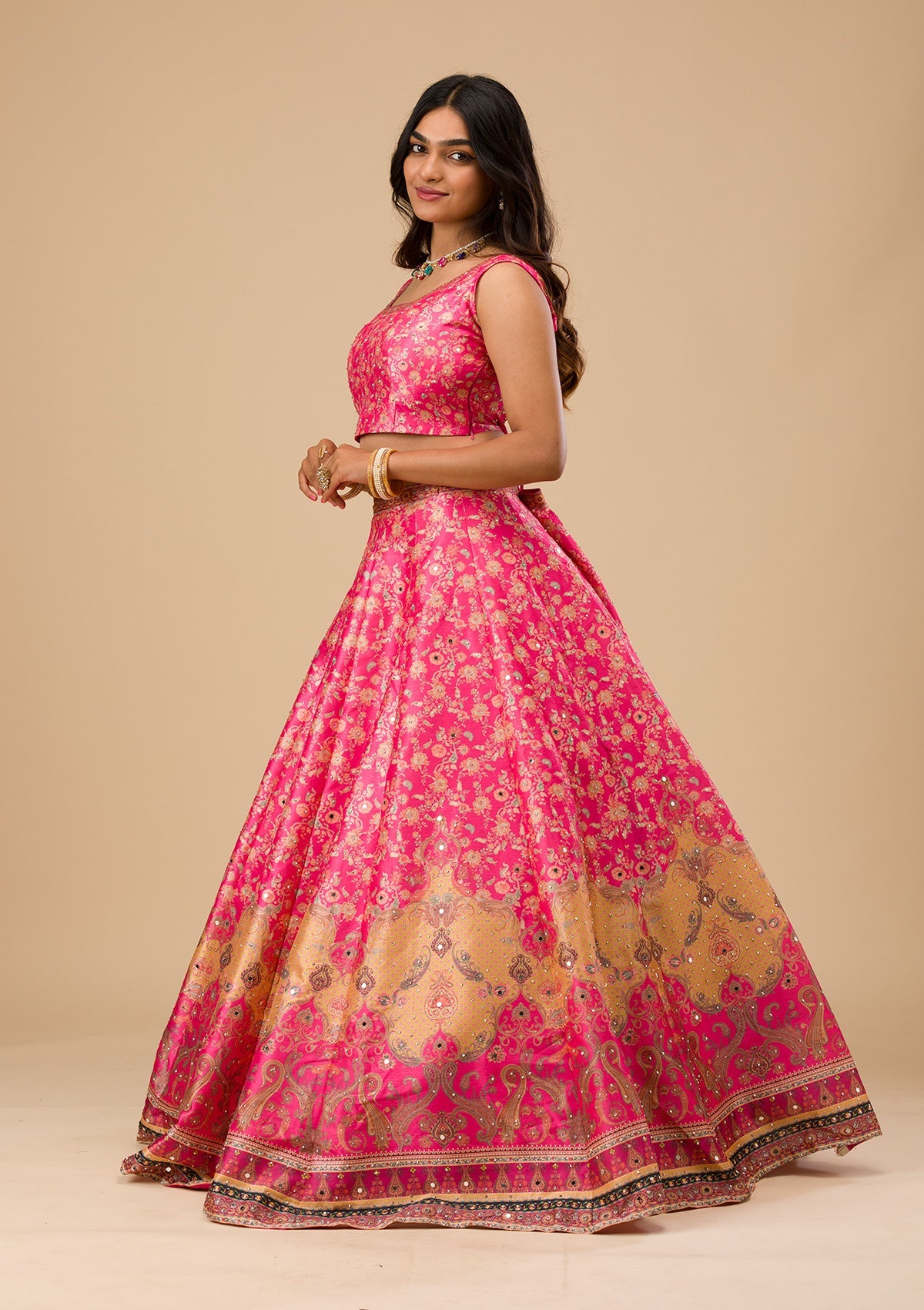 Rani Pink Stonework Raw Silk Readymade Lehenga-Koskii