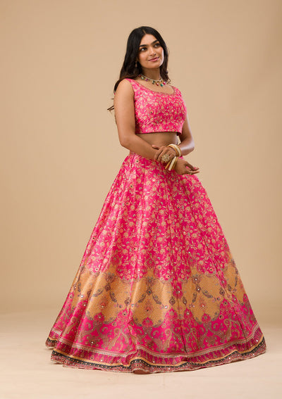 Rani Pink Stonework Raw Silk Readymade Lehenga-Koskii