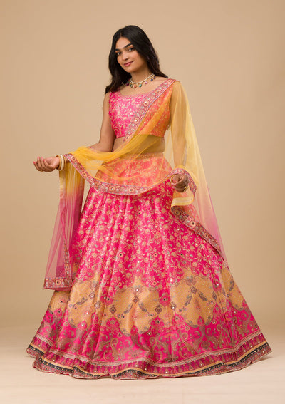 Rani Pink Stonework Raw Silk Readymade Lehenga-Koskii