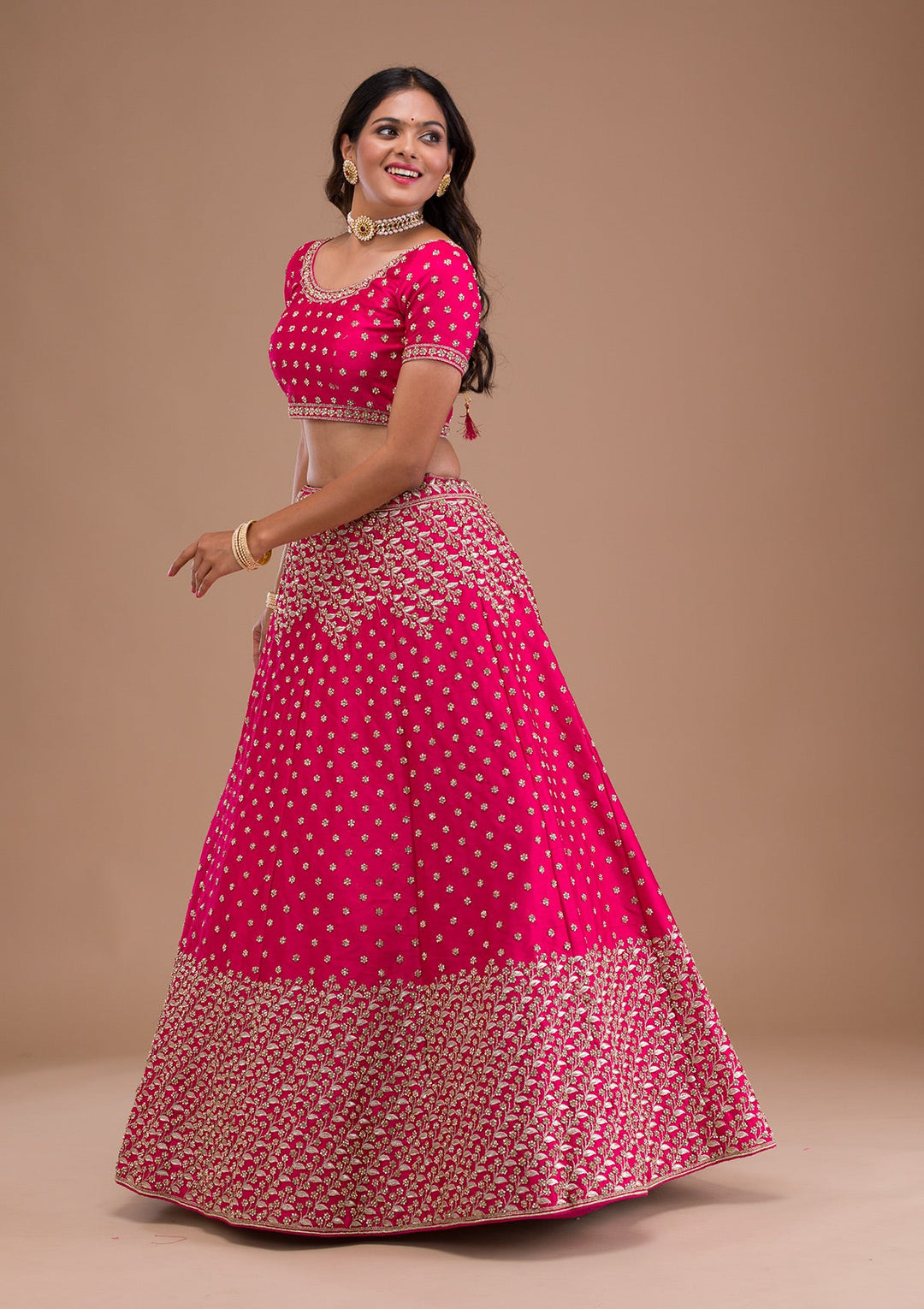 Rani Pink Stonework Raw Silk Readymade Lehenga-Koskii