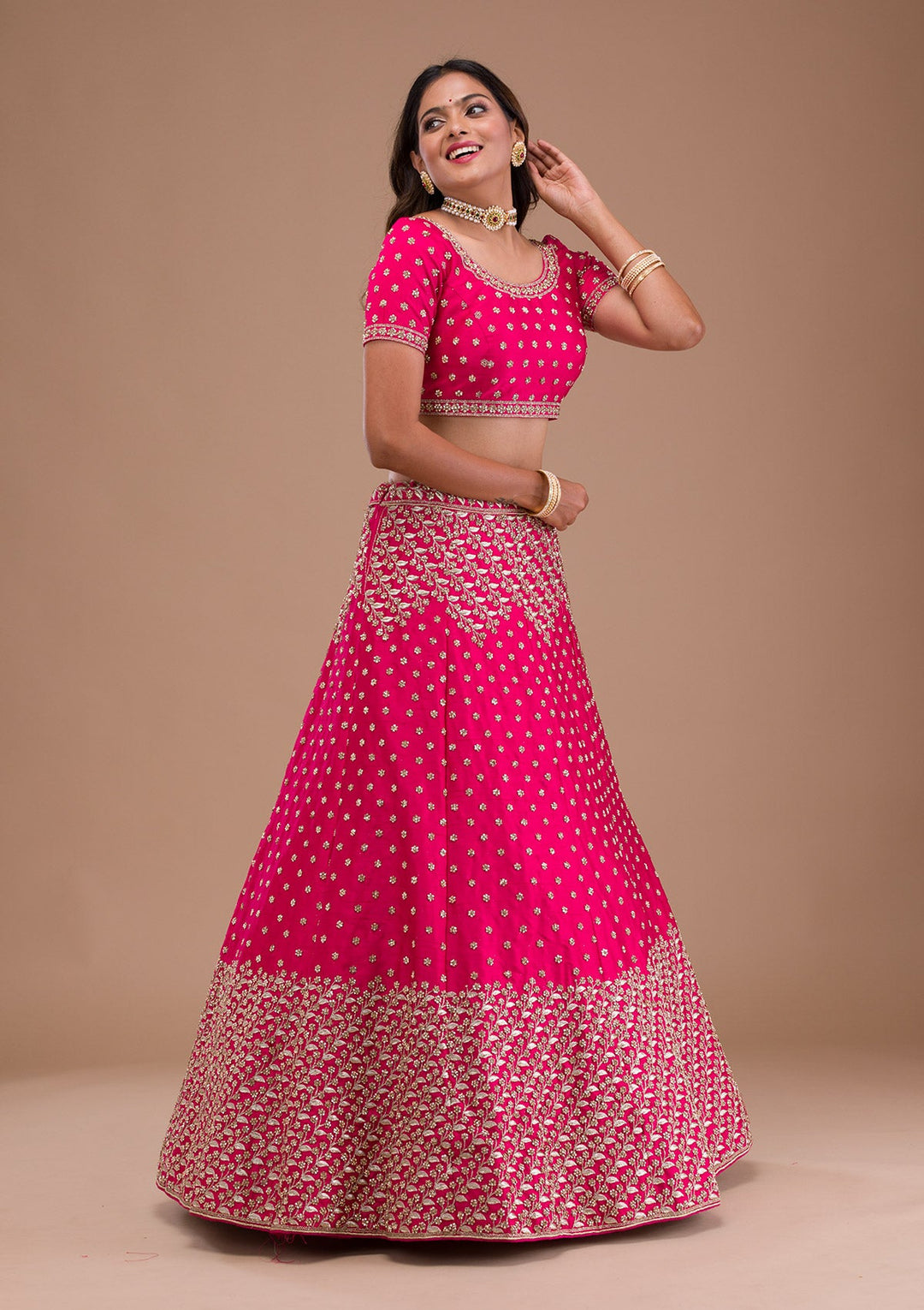 Rani Pink Stonework Raw Silk Readymade Lehenga-Koskii