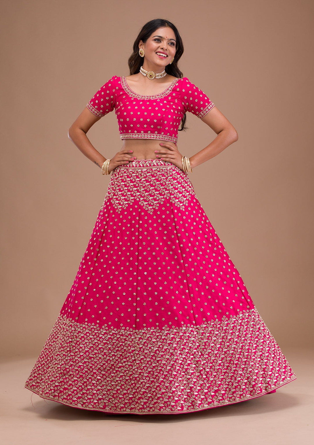 Rani Pink Stonework Raw Silk Readymade Lehenga-Koskii