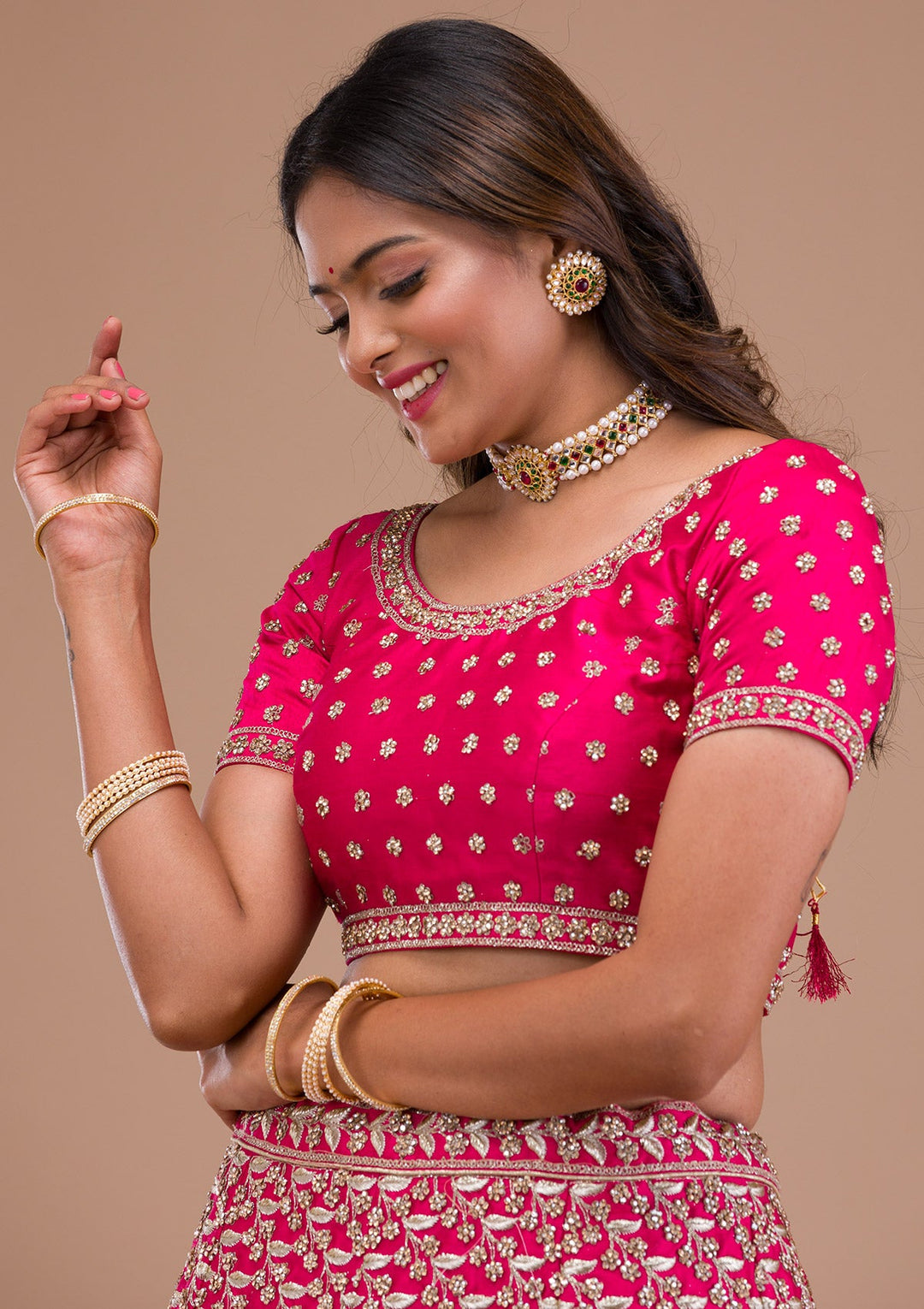 Rani Pink Stonework Raw Silk Readymade Lehenga-Koskii