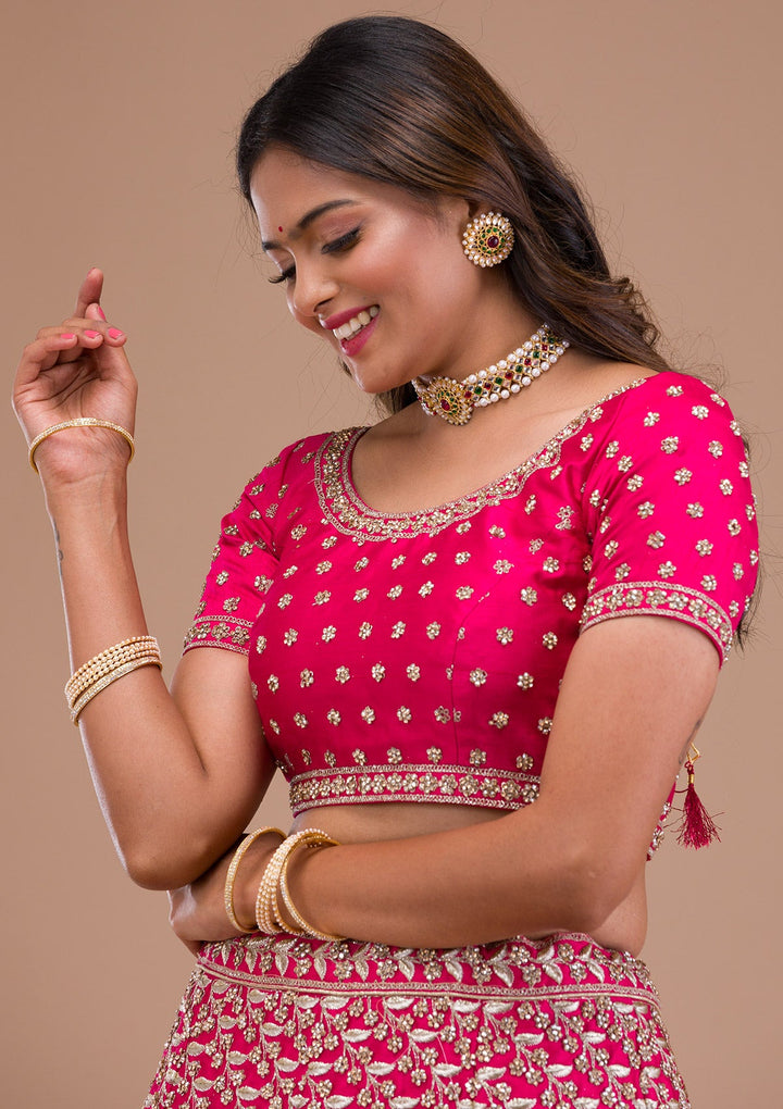 Rani Pink Stonework Raw Silk Readymade Lehenga-Koskii