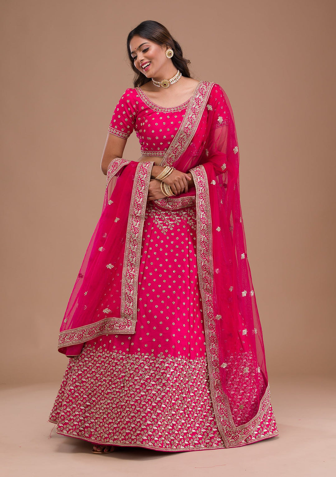Rani Pink Stonework Raw Silk Readymade Lehenga-Koskii