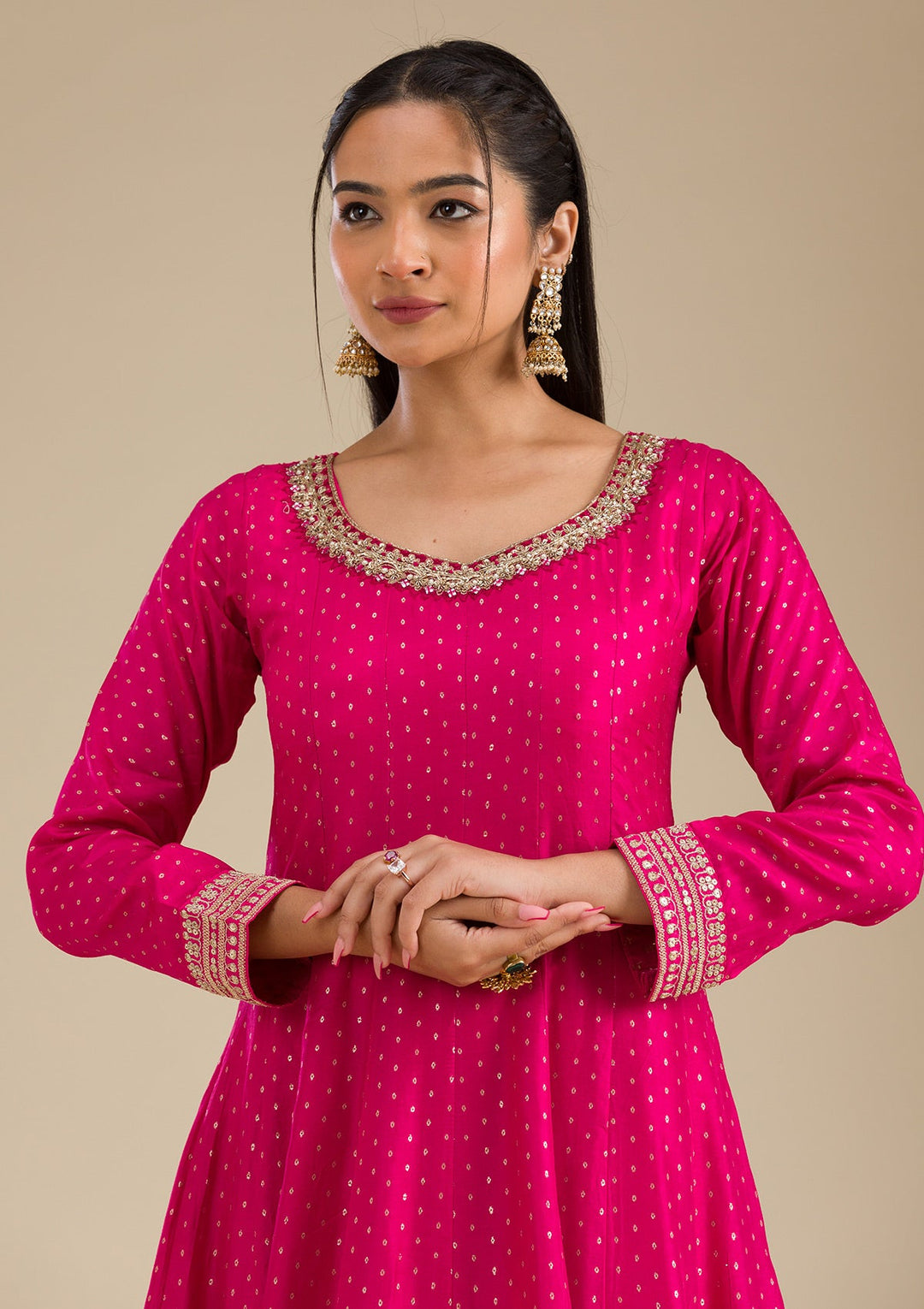 Rani Pink Stonework Semi Crepe Readymade Salwar Suit-Koskii