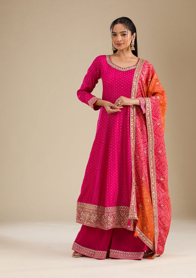 Rani Pink Stonework Semi Crepe Readymade Salwar Suit-Koskii