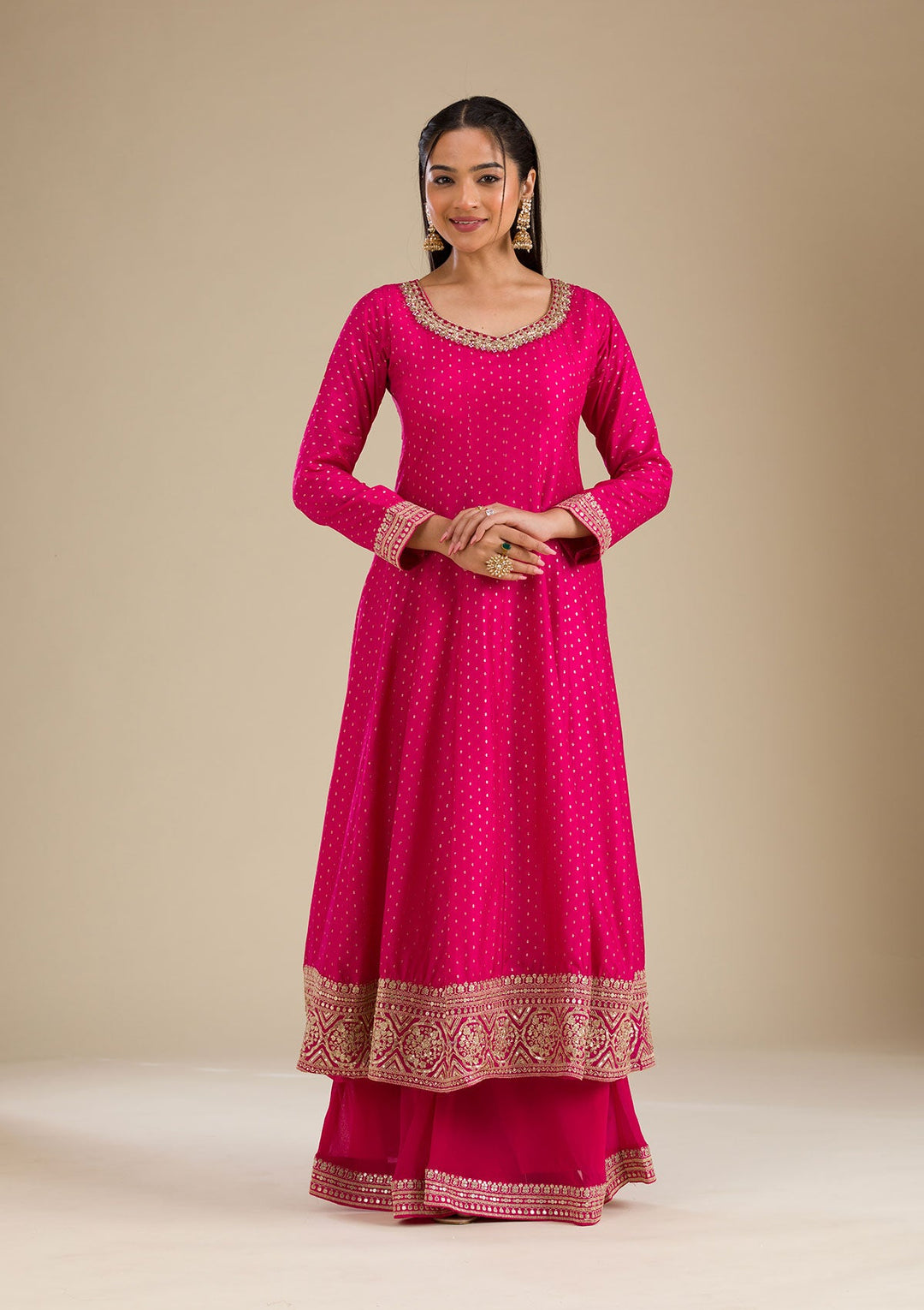 Rani Pink Stonework Semi Crepe Readymade Salwar Suit-Koskii