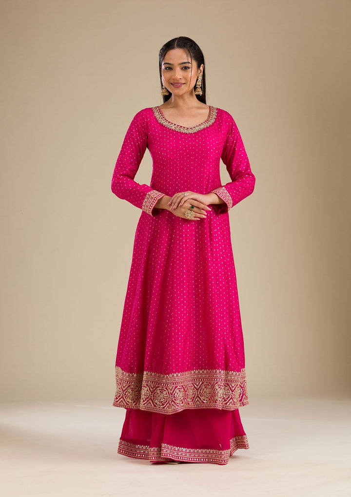 Rani Pink Stonework Semi Crepe Readymade Salwar Suit-Koskii