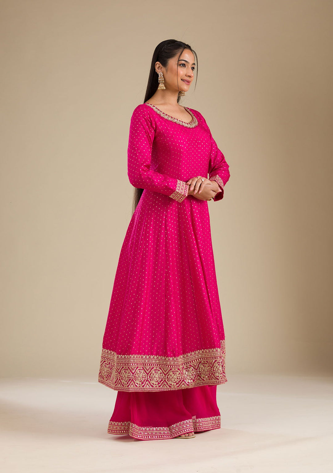 Rani Pink Stonework Semi Crepe Readymade Salwar Suit-Koskii
