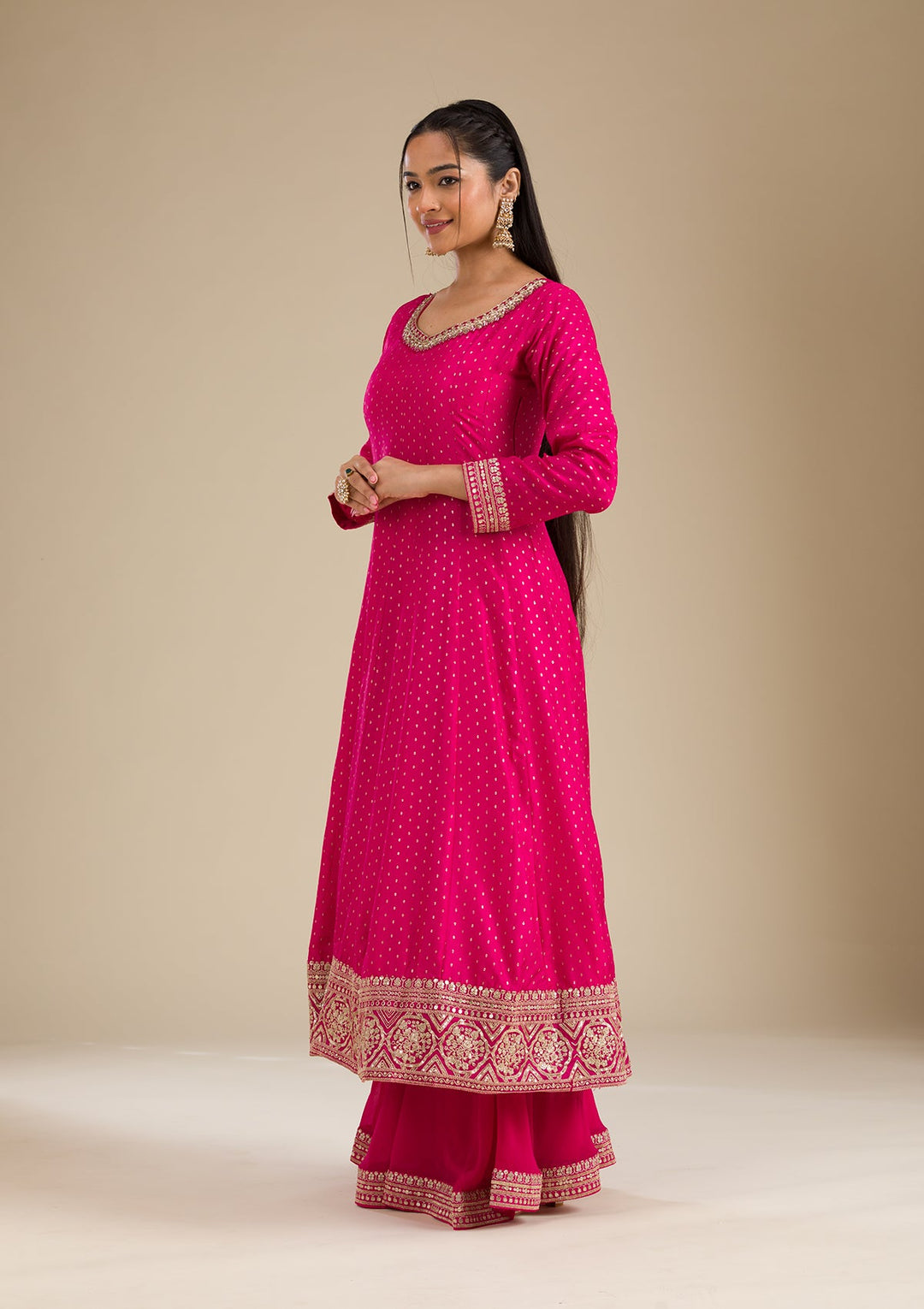 Rani Pink Stonework Semi Crepe Readymade Salwar Suit-Koskii