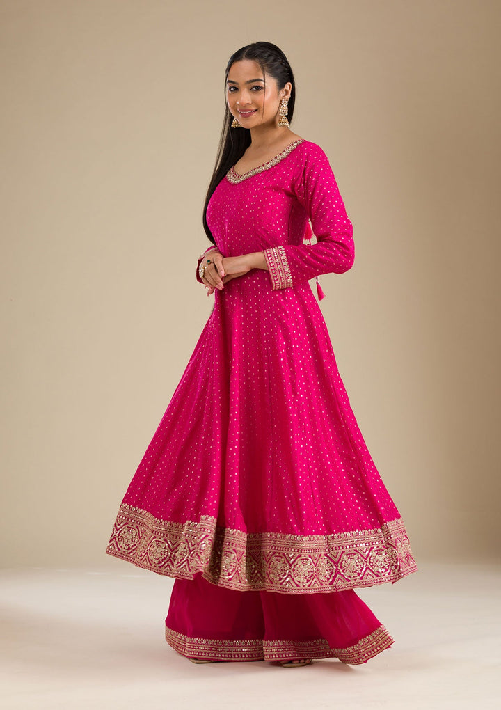 Rani Pink Stonework Semi Crepe Readymade Salwar Suit-Koskii