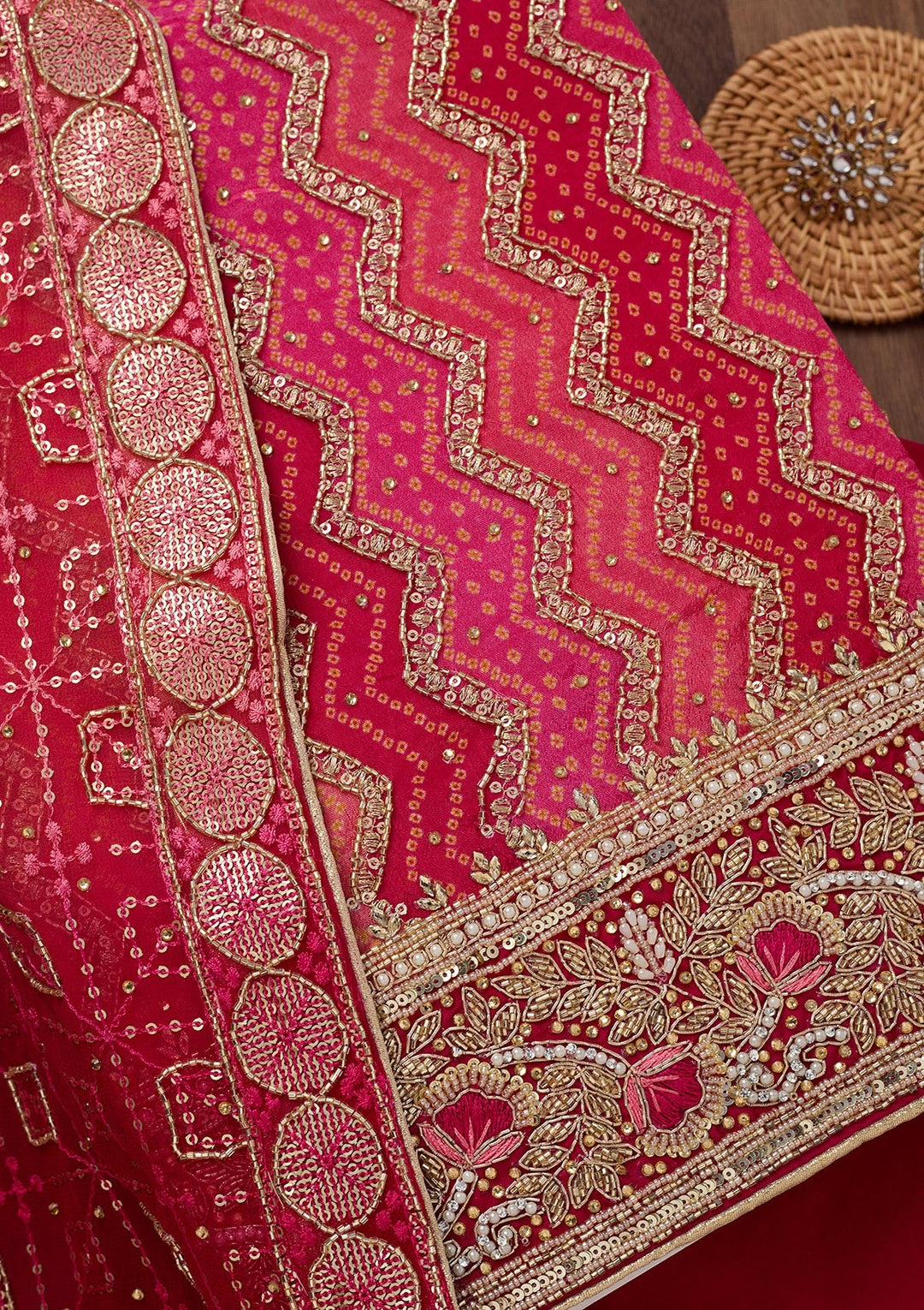 Rani Pink Stonework Semi Crepe Unstitched Salwar Suit-Koskii