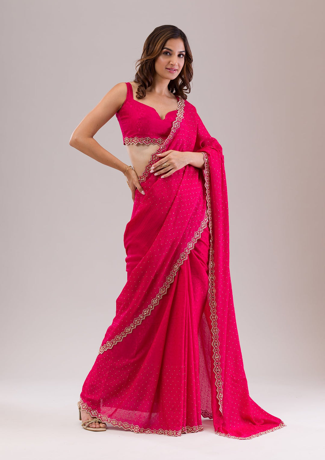 Rani Pink Stonework Semi Crepe Saree-Koskii