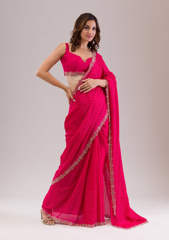 Rani Pink Stonework Semi Crepe Saree-Koskii