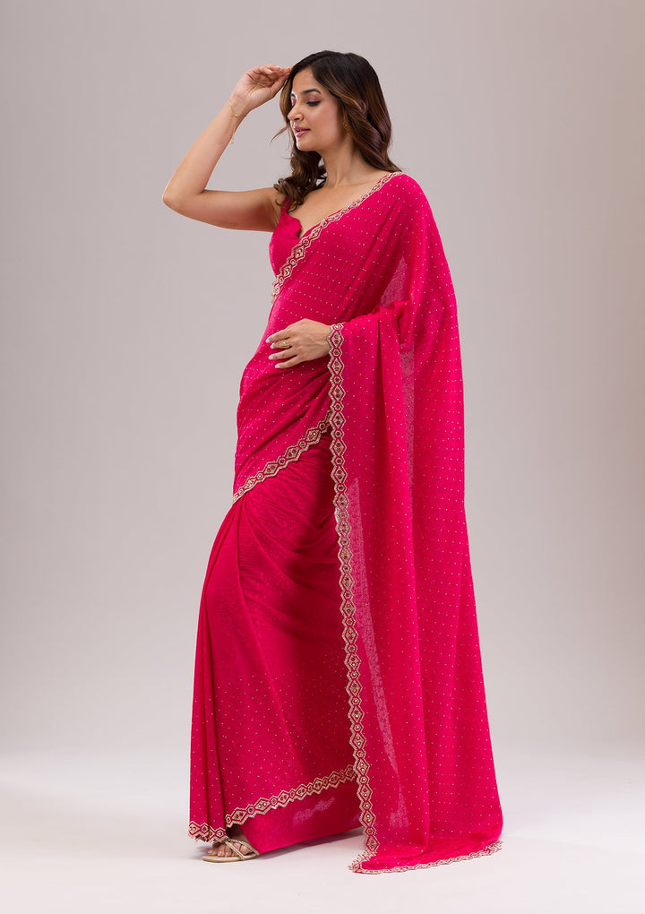 Rani Pink Stonework Semi Crepe Saree-Koskii