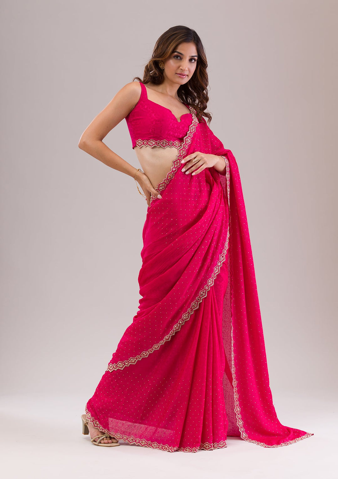 Rani Pink Stonework Semi Crepe Saree-Koskii