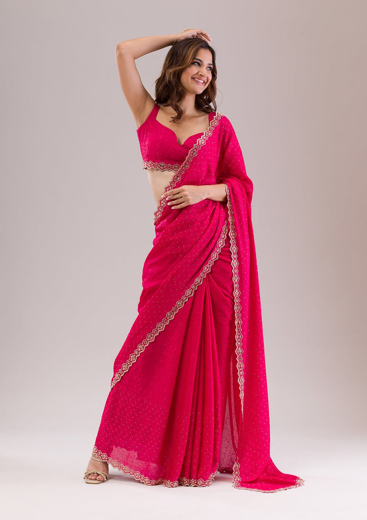 Rani Pink Stonework Semi Crepe Saree-Koskii