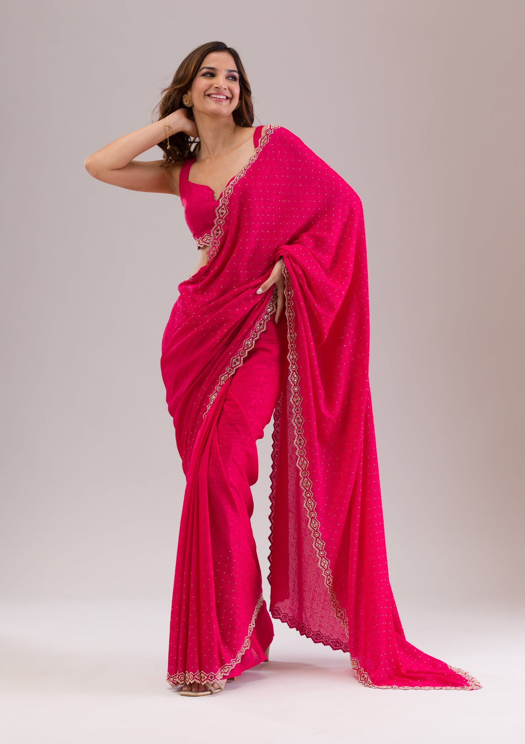 Rani Pink Stonework Semi Crepe Saree-Koskii