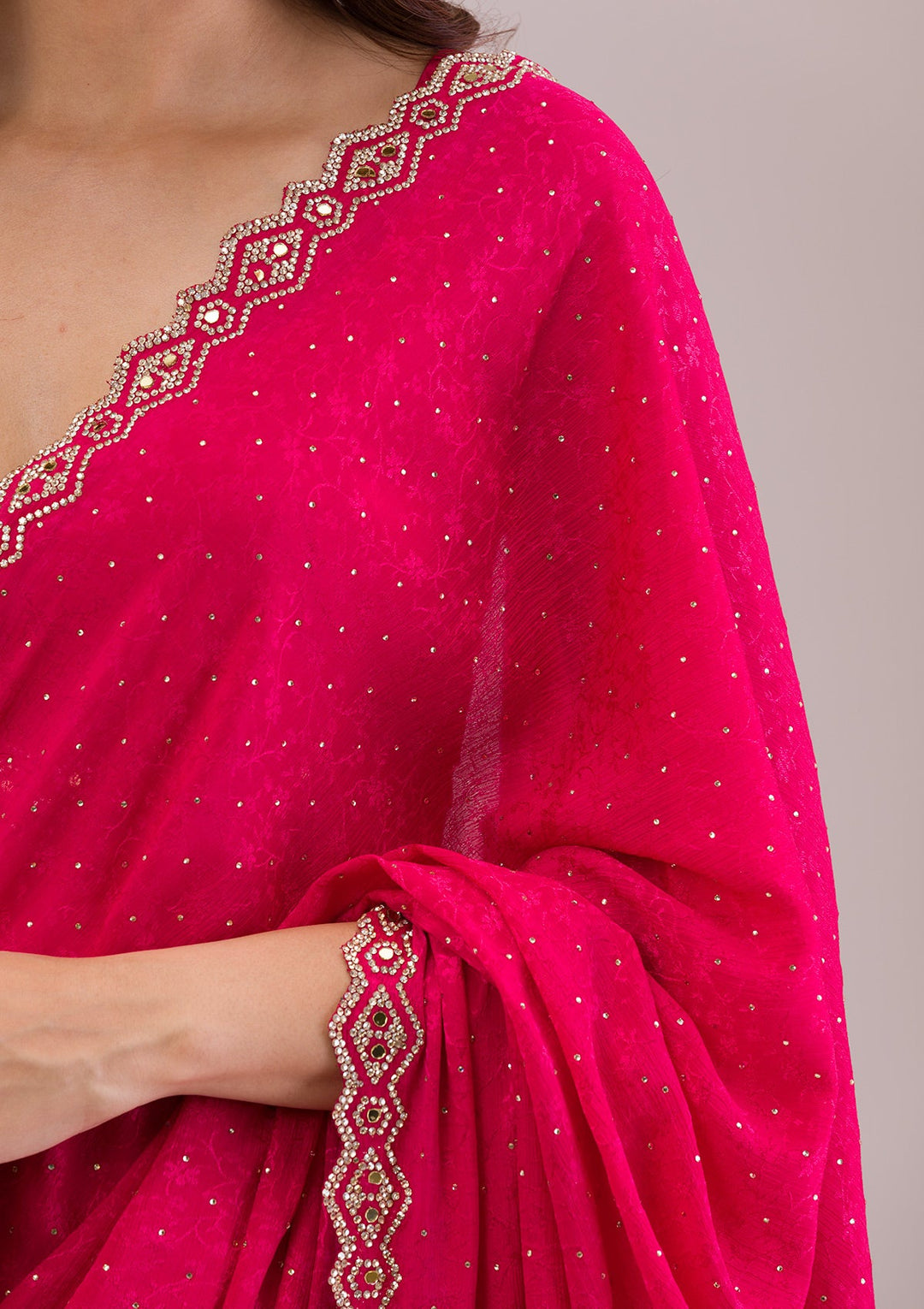 Rani Pink Stonework Semi Crepe Saree-Koskii