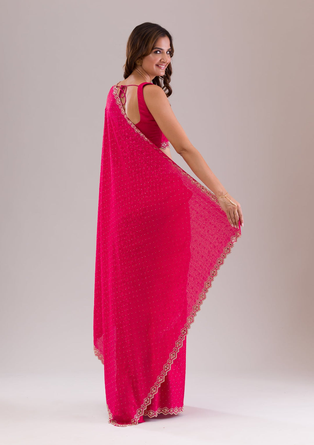 Rani Pink Stonework Semi Crepe Saree-Koskii
