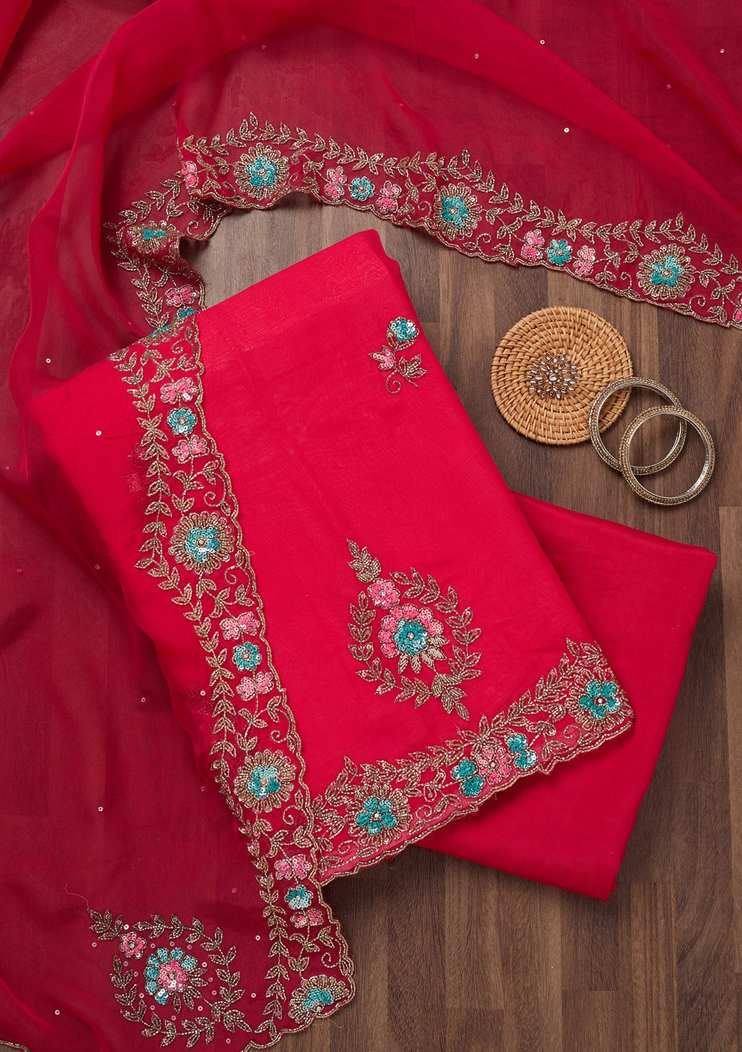Rani Pink Stonework Tissue Unstitched Salwar Suit-Koskii