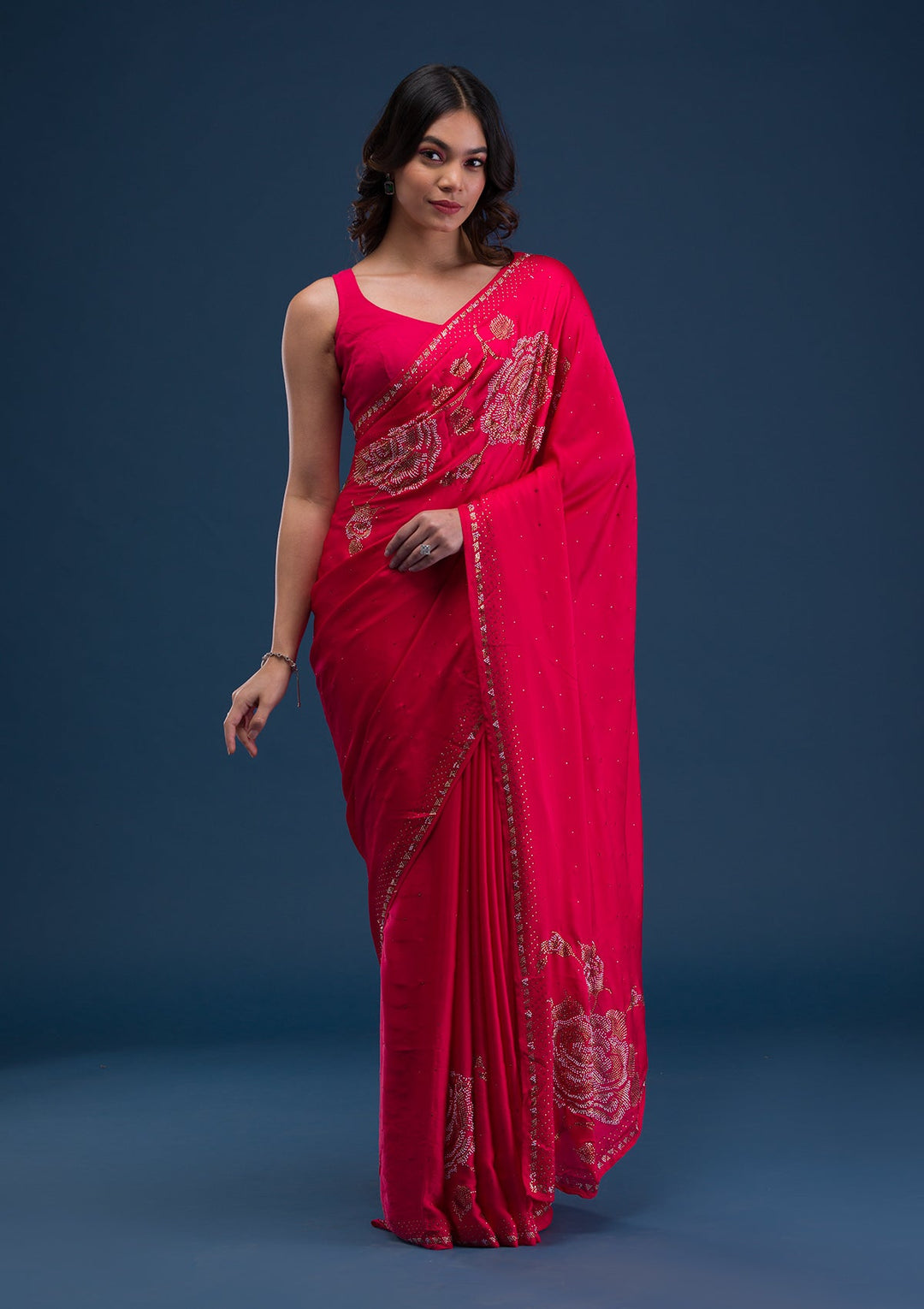 Rama Green Swarovski Georgette Designer Saree-Koskii