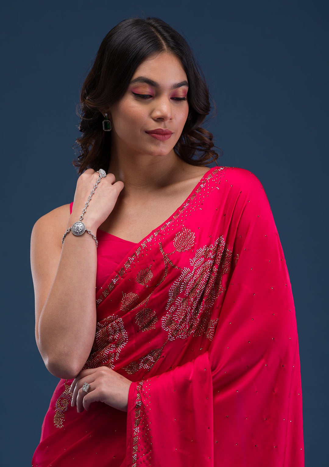 Rama Green Swarovski Georgette Designer Saree-Koskii
