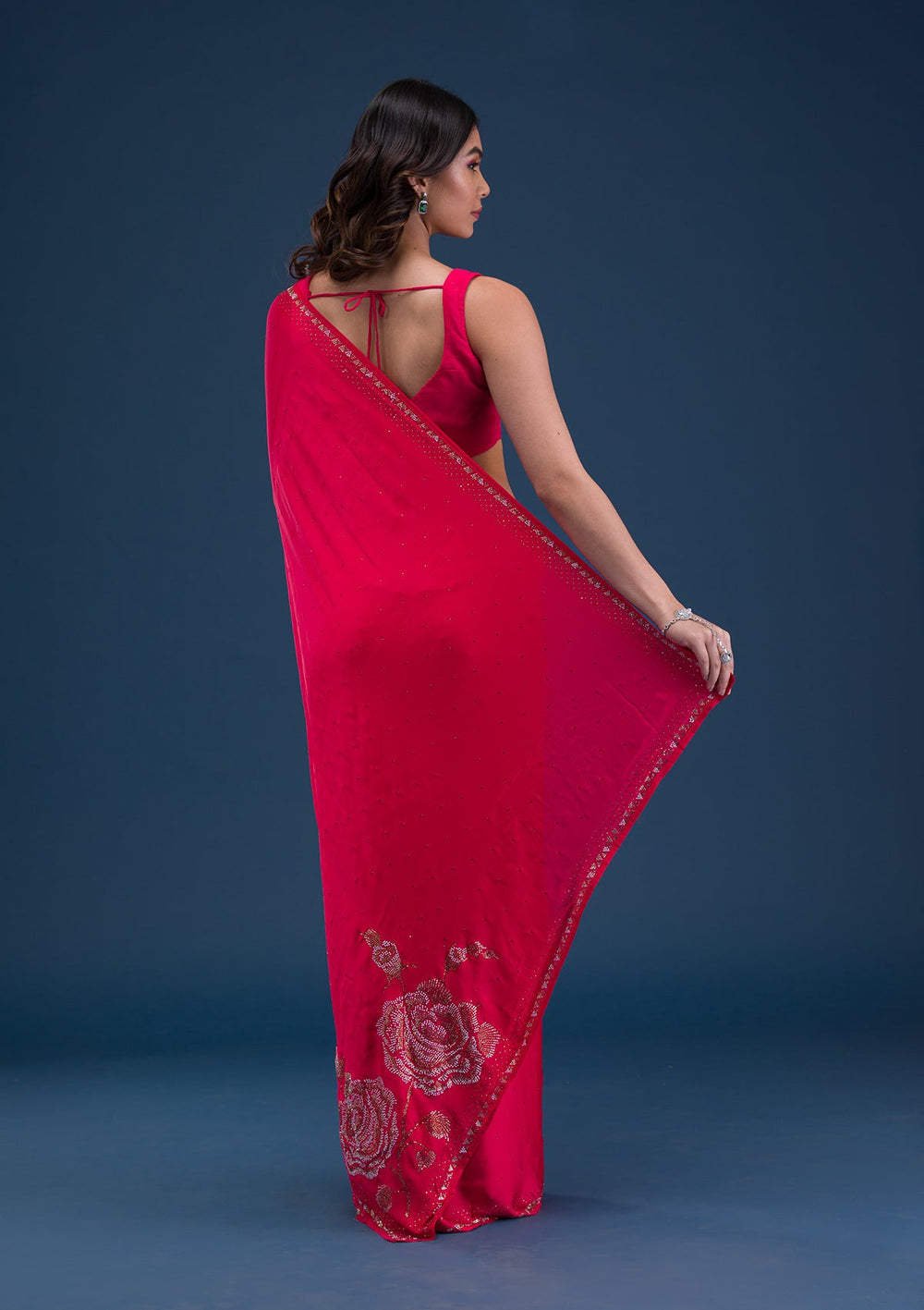 Rama Green Swarovski Georgette Designer Saree-Koskii