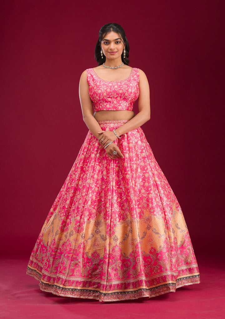 Rani Pink Swarovski Raw Silk Readymade Lehenga