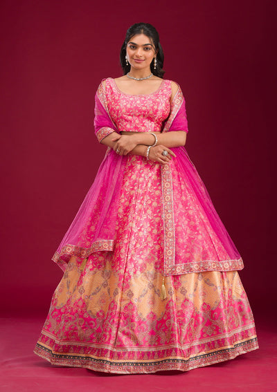 Rani Pink Swarovski Raw Silk Readymade Lehenga-Koskii