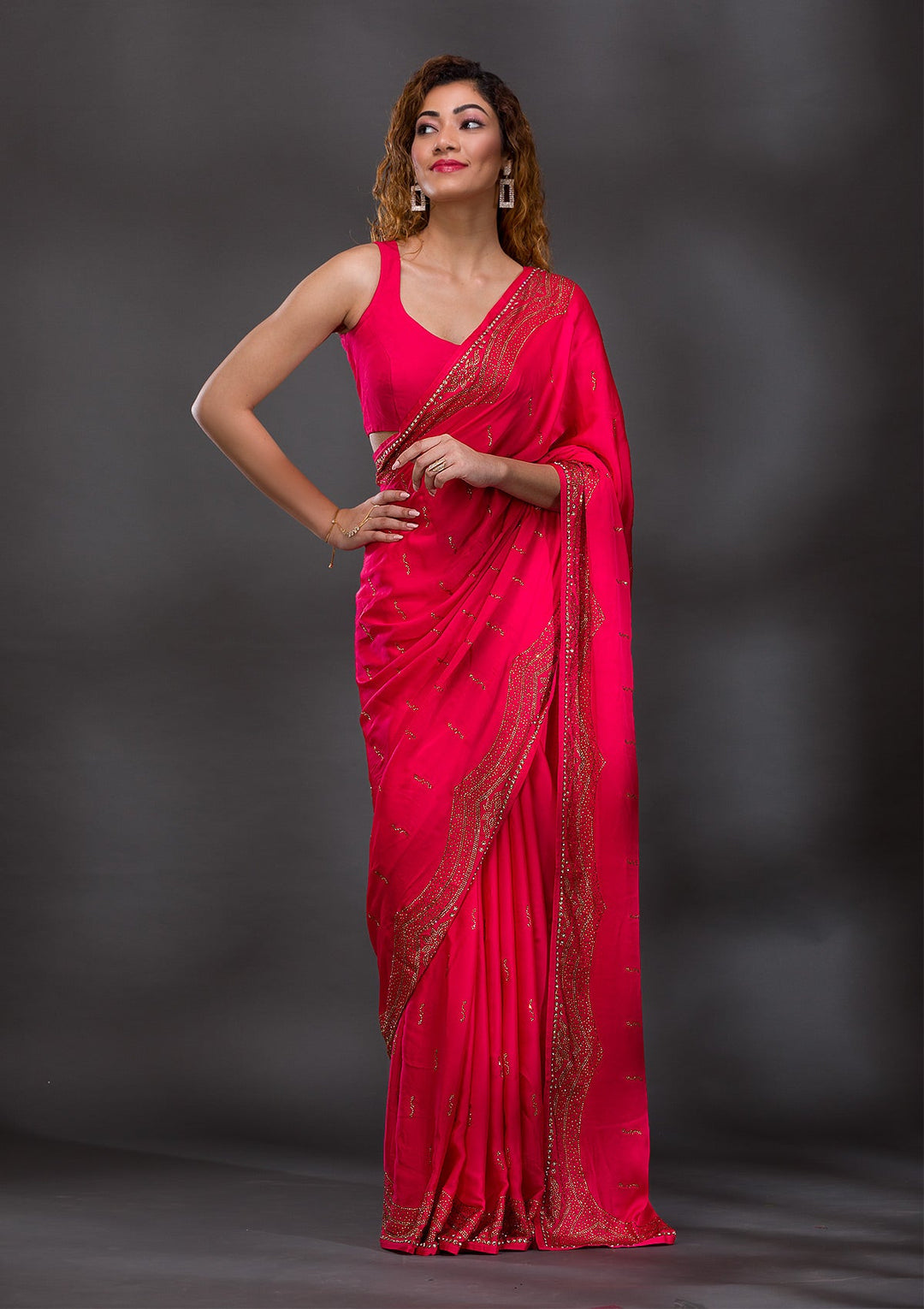 Rani Pink Swarovski Satin Saree-Koskii