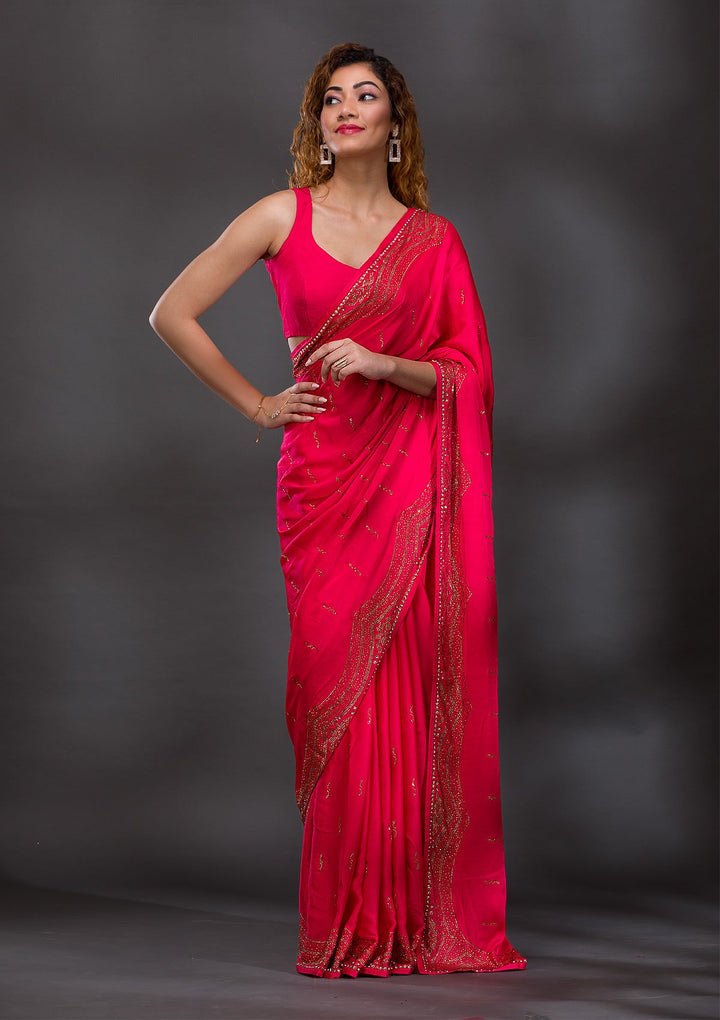 Rani Pink Swarovski Satin Saree-Koskii