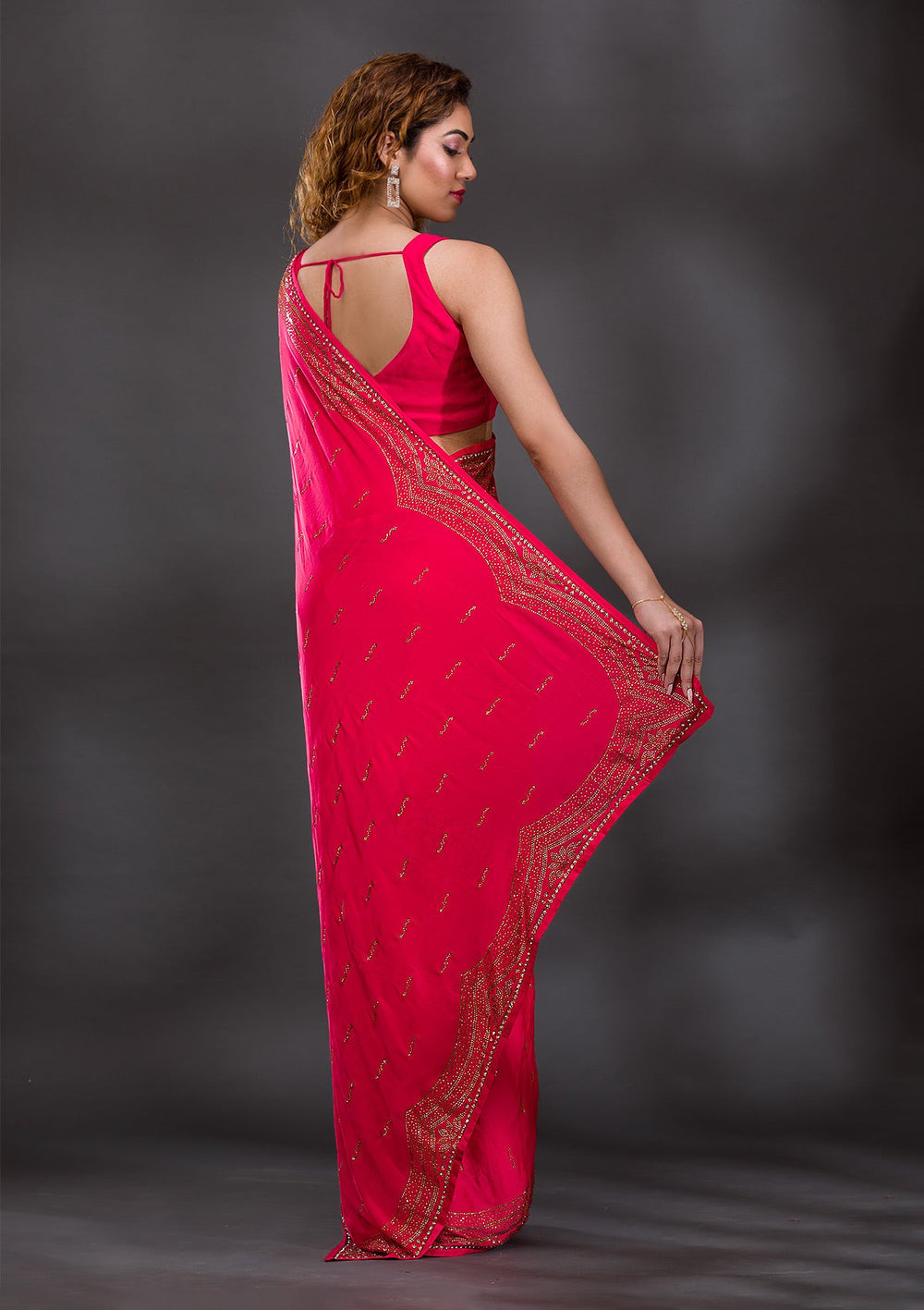 Rani Pink Swarovski Satin Saree-Koskii
