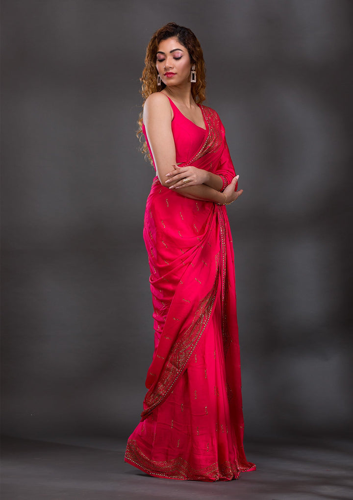 Rani Pink Swarovski Satin Saree-Koskii