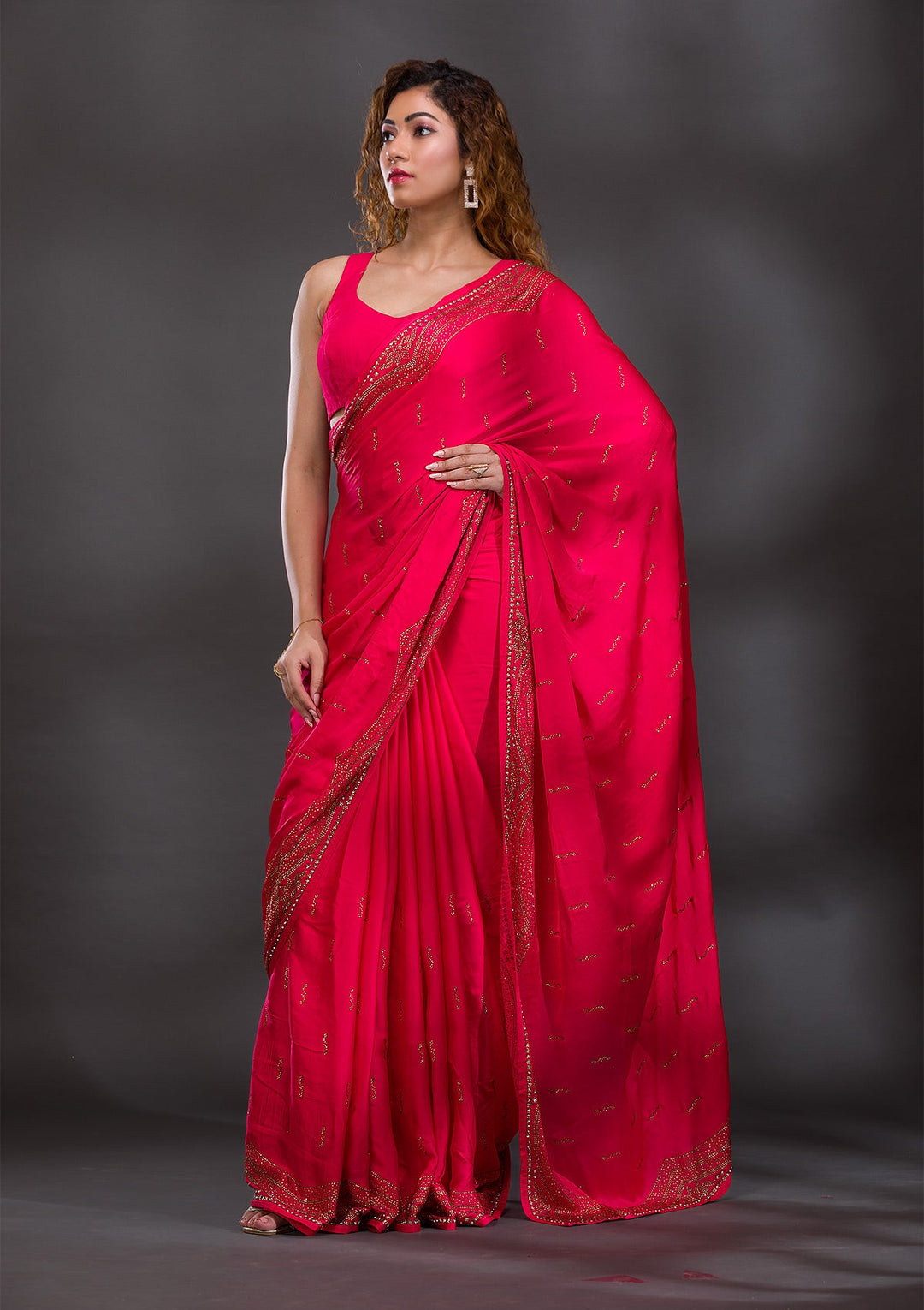 Rani Pink Swarovski Satin Saree-Koskii