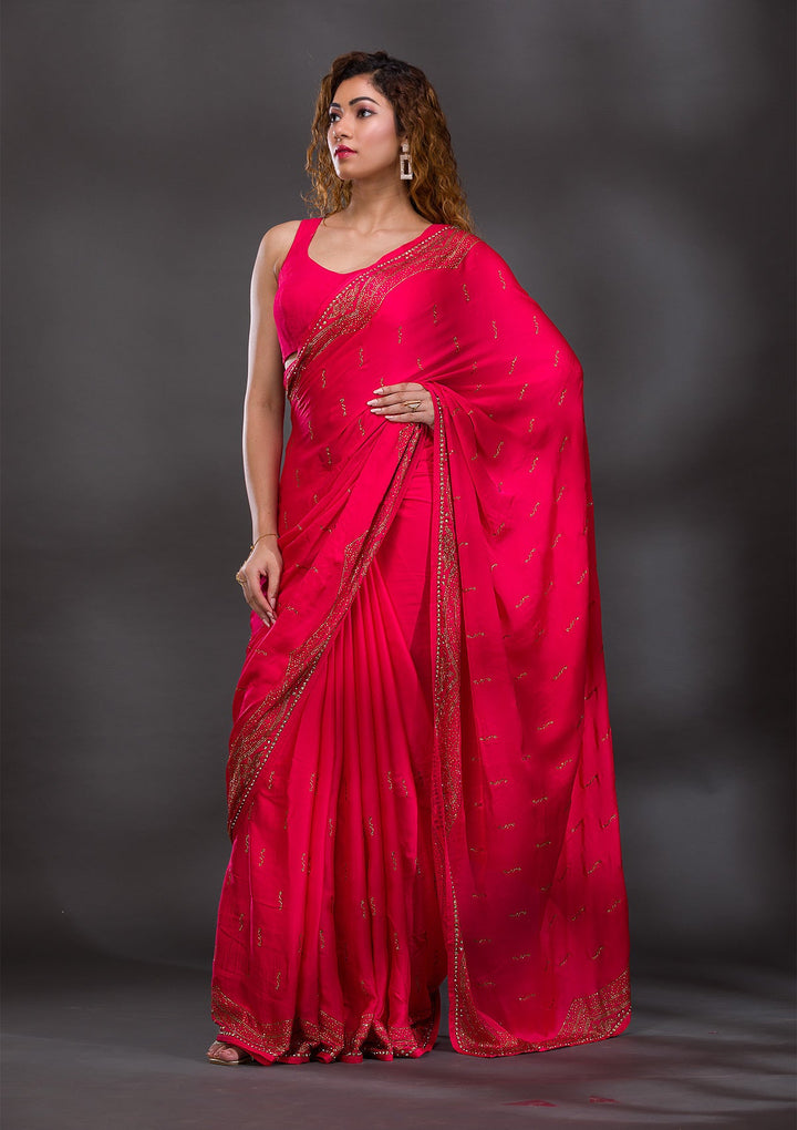 Rani Pink Swarovski Satin Saree-Koskii
