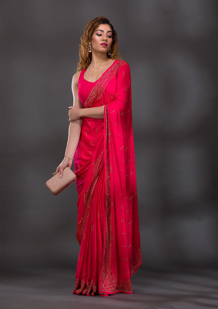 Rani Pink Swarovski Satin Saree-Koskii