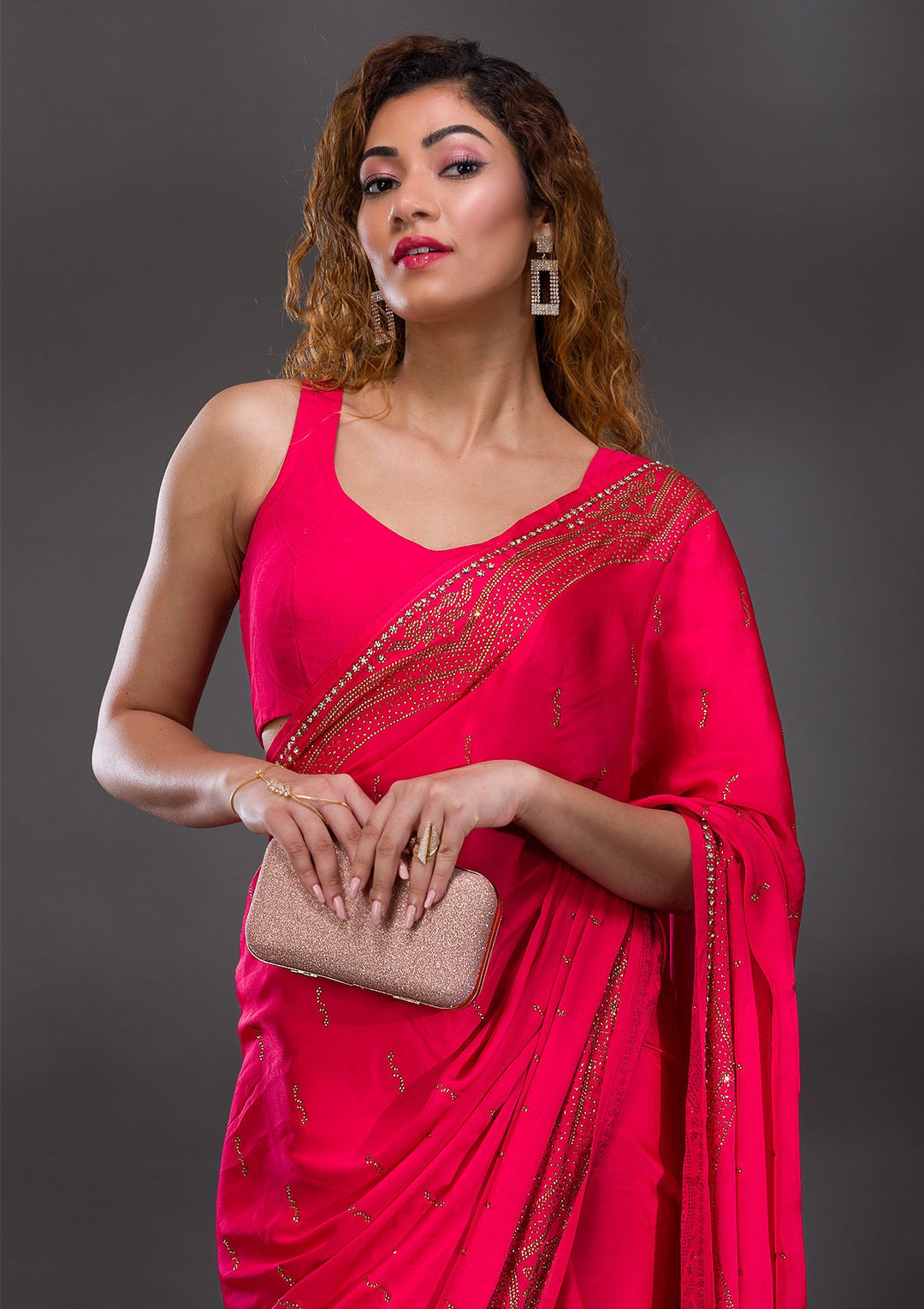 Rani Pink Swarovski Satin Saree-Koskii