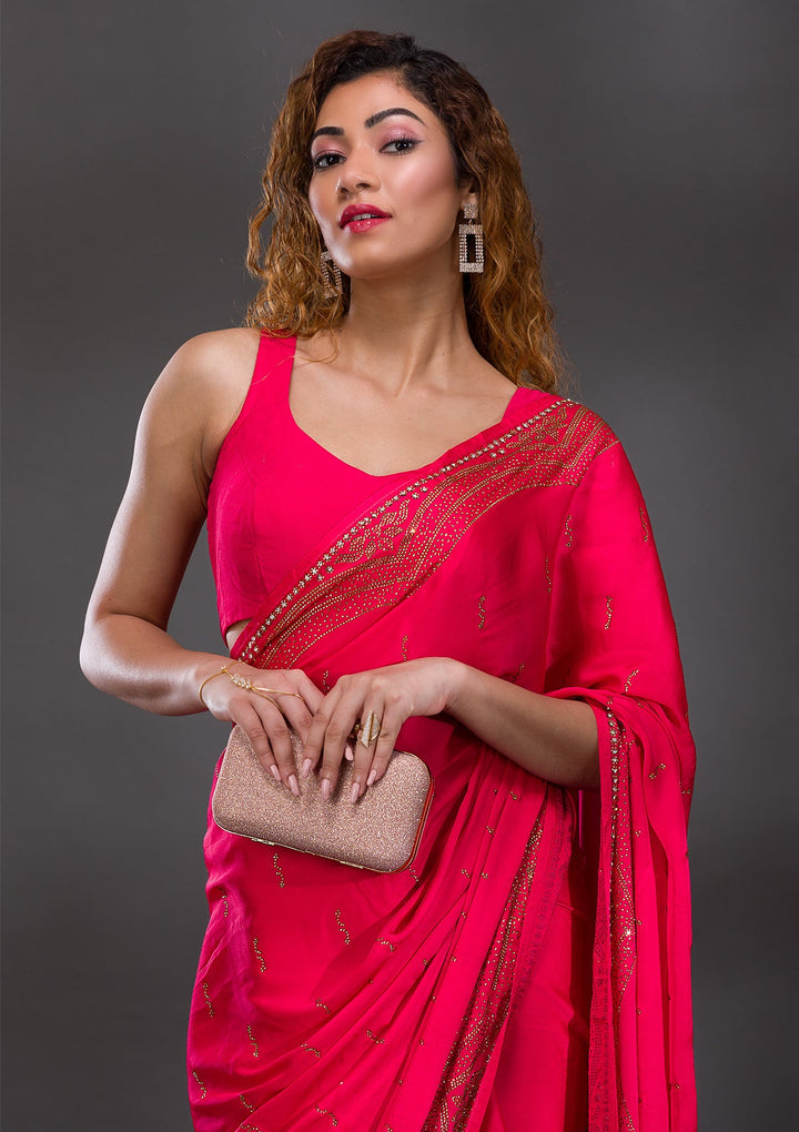 Rani Pink Swarovski Satin Saree-Koskii