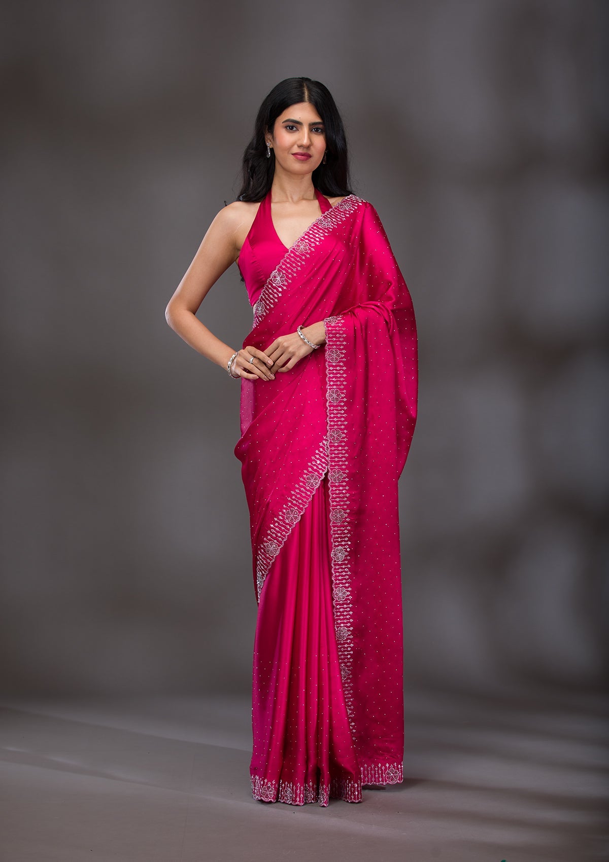 Rani Pink Swarovski Satin Saree-Koskii