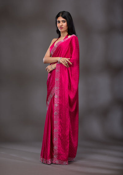 Rani Pink Swarovski Satin Saree-Koskii