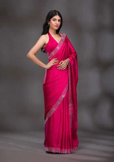 Rani Pink Swarovski Satin Saree-Koskii