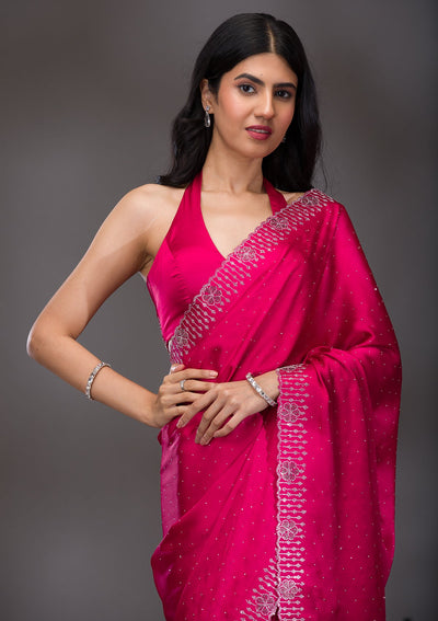 Rani Pink Swarovski Satin Saree-Koskii